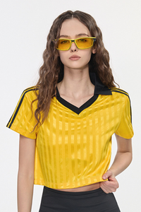 Women’s Cropped Color Block Striped Polo V-Neck  T-Shirt