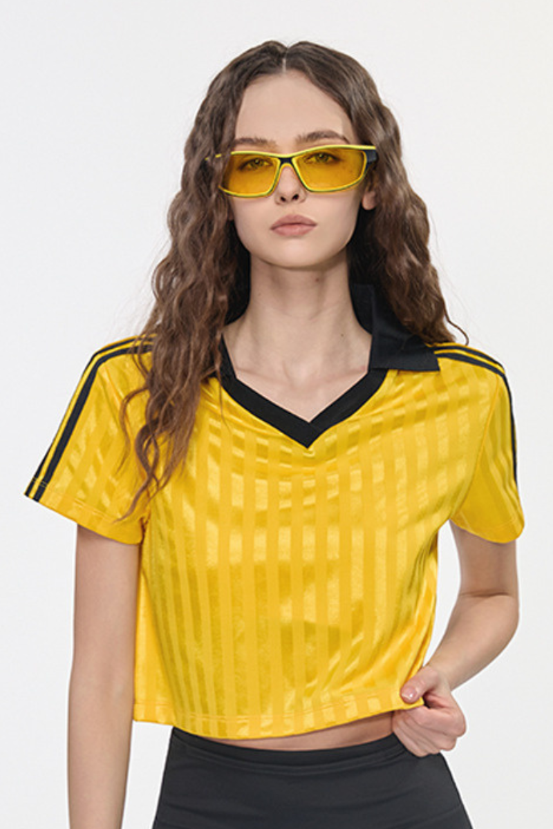 Women’s Cropped Color Block Striped Polo V-Neck  T-Shirt