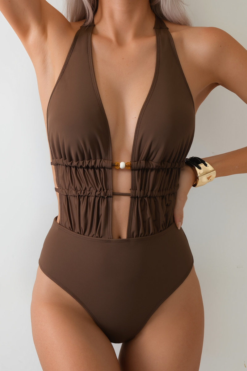 Women's Pleated Halterneck Cutout Backless Swimsuit