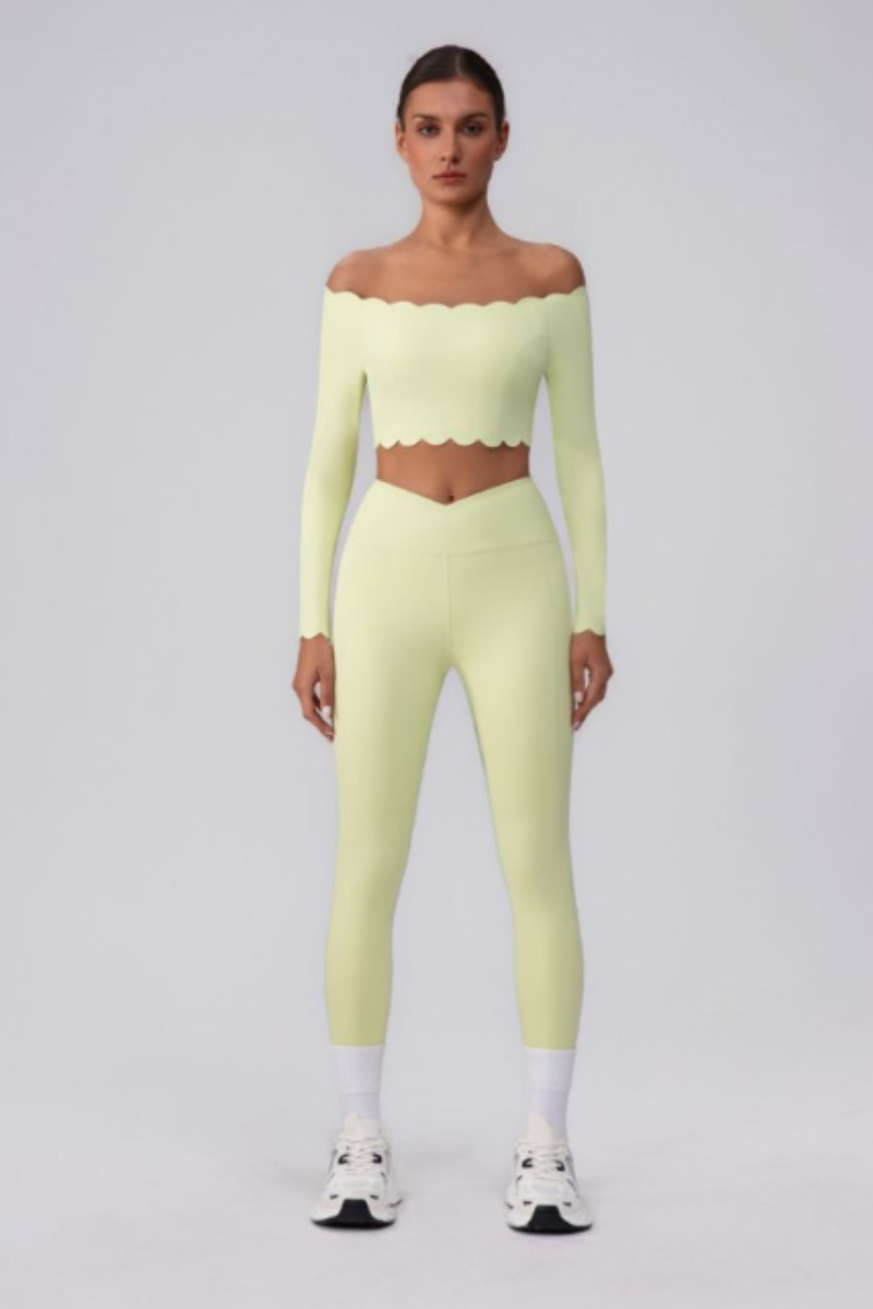 Women's Scalloped Off-Shoulder Long Sleeve Top& Leggings Set