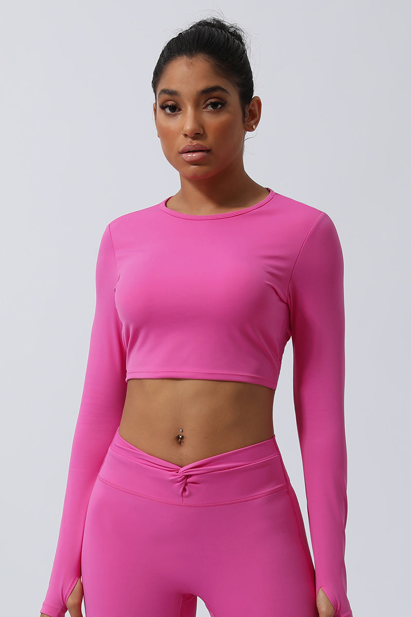 Women Back Twist Sport Crop Long Sleeve Shirt