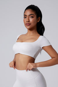 Women Square Neck Crop Removable-Pad Pleated Sculpting Workout Short Sleeve