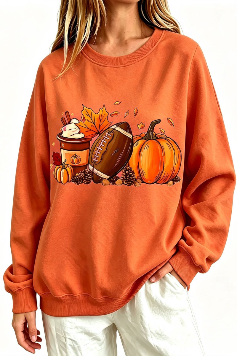 Women's Fall Halloween Pumpkin Football Coffee Print Thin Sweatshirt