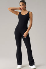 Women U-Neck Open-Back Sculpting Flared Pants Yoga Bodysuit