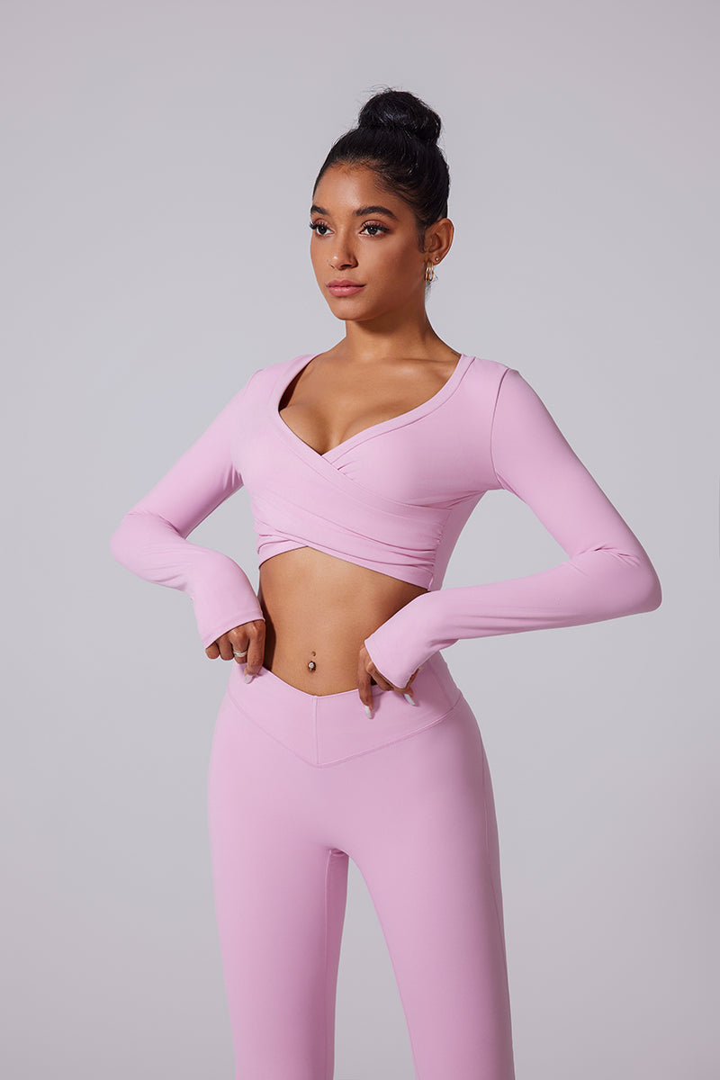 Women'S V-Neck Brushed Cross-Fold Sports Tight Long Sleeves