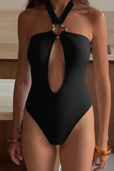 Women's Halterneck V-neck Backless Cutout Solid Swimsuit