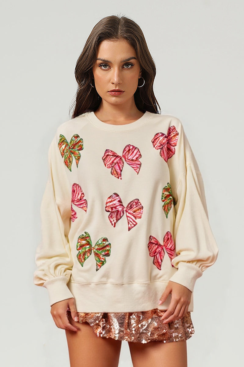 Women's Bow Sequin Embroidered Pullover Sweatshirt