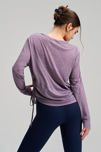Women Round Neck Yoga Cover Long Sleeve Side Drawstring Loose Fit Sports Top