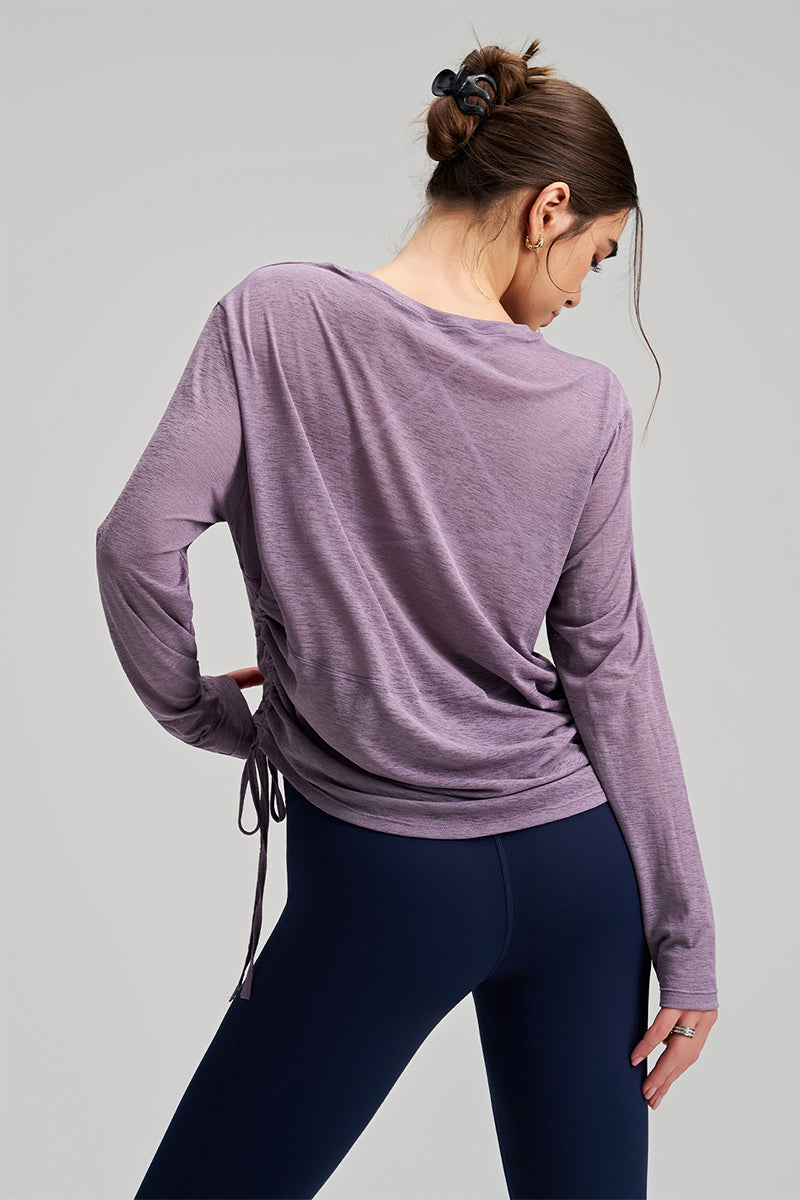 Women Round Neck Yoga Cover Long Sleeve Side Drawstring Loose Fit Sports Top