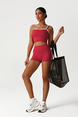 Women Seamless High Waisted Workout Set: Square Neck Vest + Peach Lifting Shorts