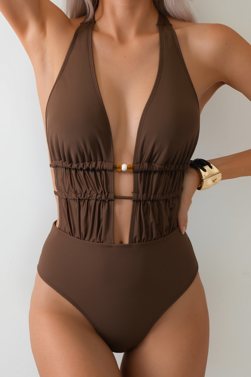 Women's Summer Halter Deep V Ruched Cutout Backless Swimsuit