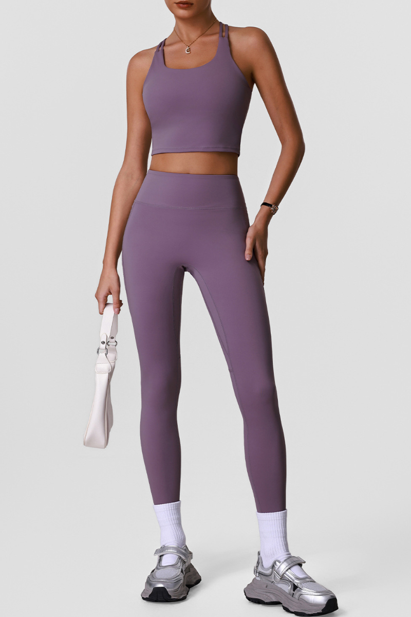 Women's Sports Sets:Cross Back Bra And Side Pocket Leggings