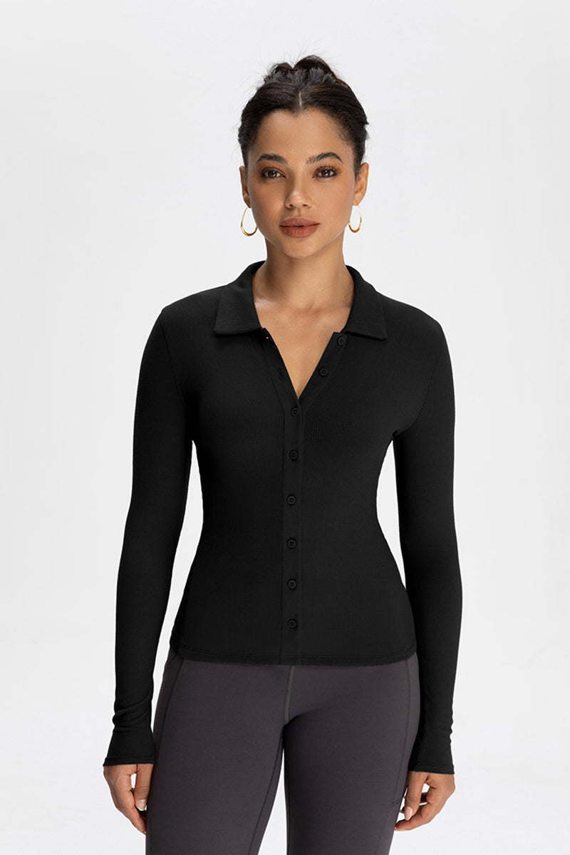 Women Modal Henley Collar Button Down Slim Fit Long Sleeve Yoga Top