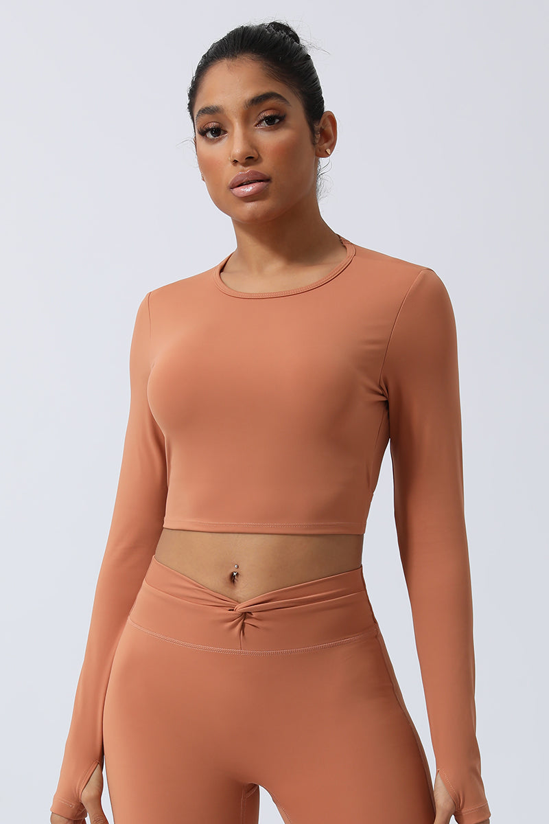 Women Back Twist Sport Crop Long Sleeve Shirt