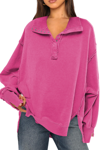 Loose-fitting, flared-neck hoodie with a split design