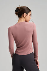 Women Slim-Fit Henley-Collar Workout Long Sleeve Top
