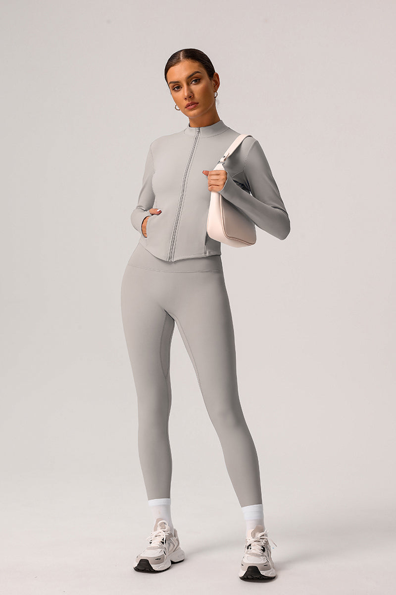 2 Pcs Set Solid Light Fleece Jacket + Belly Controlling Sports Leggings