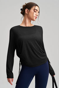 Women Round Neck Yoga Cover Long Sleeve Side Drawstring Loose Fit Sports Top