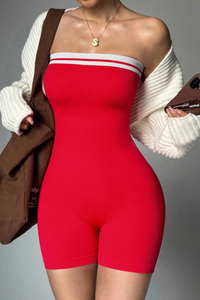 Women's Contrast Stripe Neckline Strapless Slim-Fit Romper