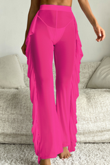 Women's High Waisted Sheer Mesh Ruffle Wide Leg Beach Pants