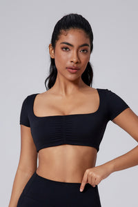 Women Square Neck Crop Removable-Pad Pleated Sculpting Workout Short Sleeve