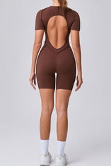 Women One-Piece Tight Short-Sleeved Hollow Back Stereo Beauty Fitness Yoga Sports Jumpsuit
