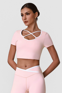 Women's Contrast Cross Cutout Neckline Cropped Workout Tee