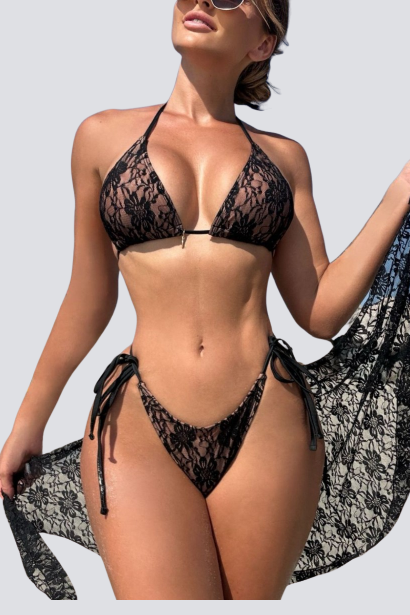 Women's Summer Lace Strap Half Skirt Bikini 3 Piece Set