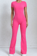 Women Short Sleeve Big Backless One Piece Flare Tight Nude Outfit Fitness Sports Yoga Bodysuit