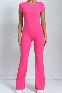 Women Short Sleeve Big Backless One Piece Flare Tight Nude Outfit Fitness Sports Yoga Bodysuit