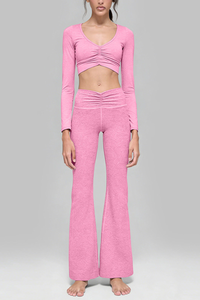 Women's V-Neck Ruched Long-Sleeve Top & Flare Pant Sport Set