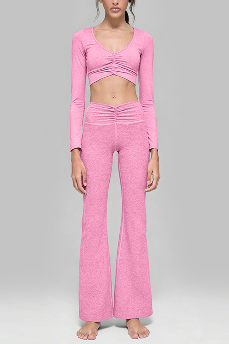 Women's V-Neck Ruched Long-Sleeve Top & Flare Pant Sport Set