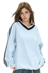 Women's Fall V Neck Lace Spliced Loose StripesThin Pullover