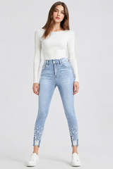 Women's High Waist Pearl Embellished Stretch Skinny Jeans