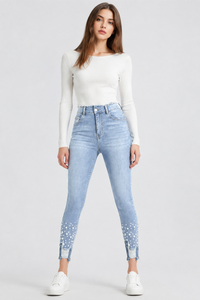 Women's High Waist Pearl Embellished Stretch Skinny Jeans