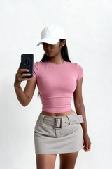Women's slim round neck solid color short sleeves