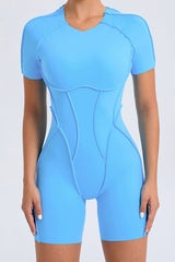 Women One-Piece Tight Short-Sleeved Hollow Back Stereo Beauty Fitness Yoga Sports Jumpsuit