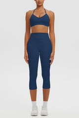Women Halter V-neck Bra & High Waist Capri Leggings Yoga Set