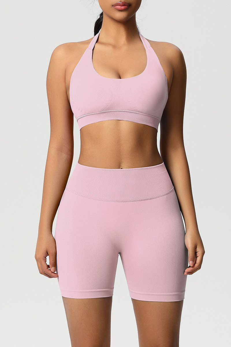 Women Halter Neck Yoga Set: High-Waisted Sculpting Shorts + Backless Sports Bra