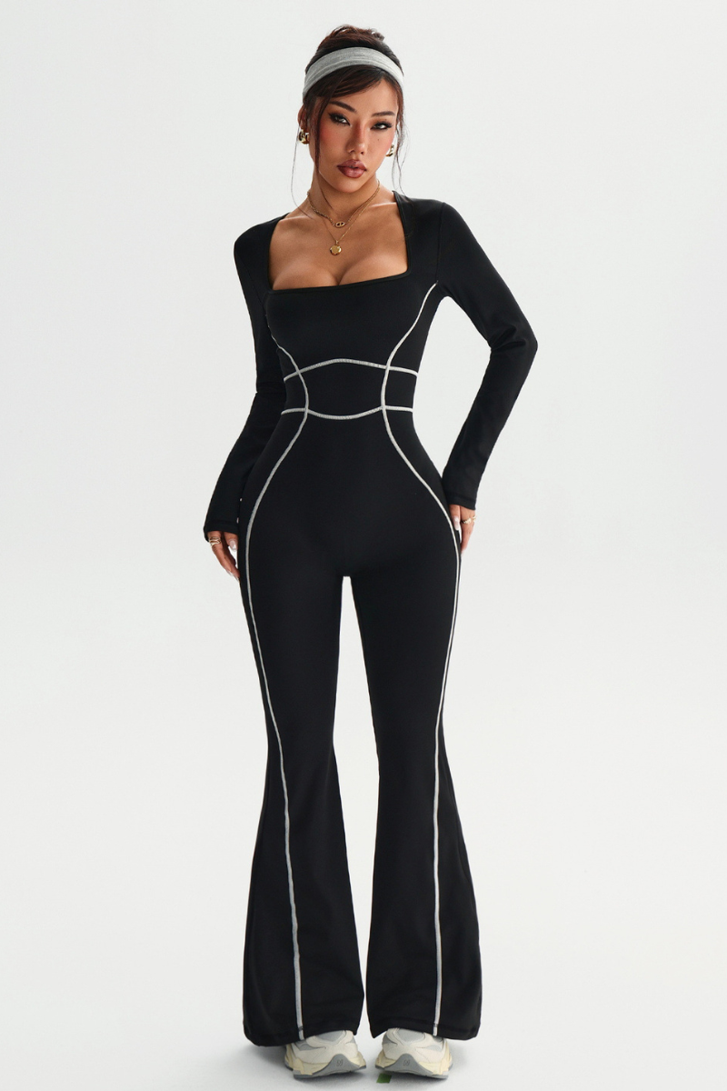 Women's Square Neck Contrast Stitch Waist Cinch Jumpsuit