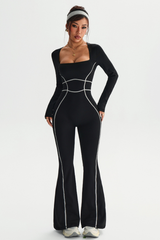 Women's Square Neck Contrast Stitch Waist Cinch Jumpsuit