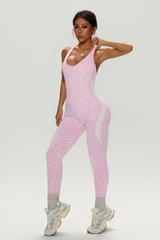 Women's Athletic Leopard-Print U-neck Cross Back Jumpsuit