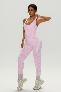 Women's Athletic Leopard-Print U-neck Cross Back Jumpsuit