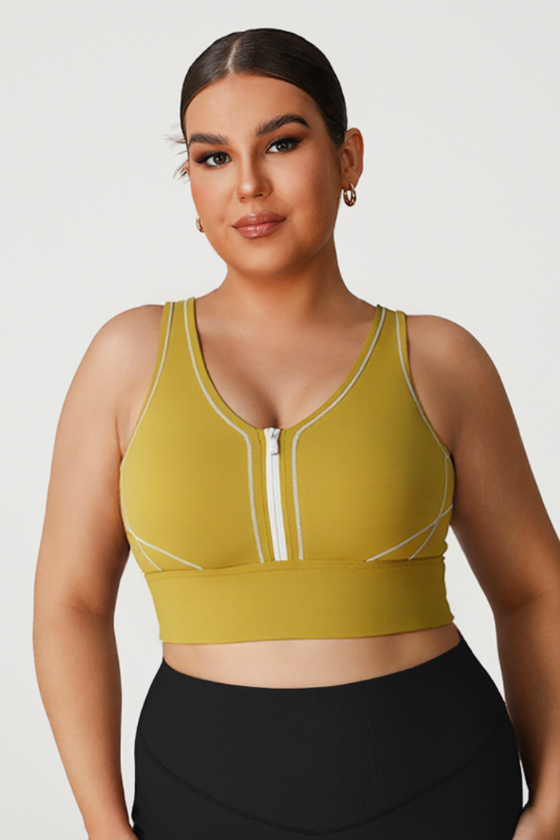 Plus Size Women's Color-Block Front Zipper Sports Bra
