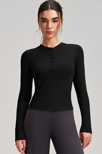 Women Slim-Fit Henley-Collar Workout Long Sleeve Top