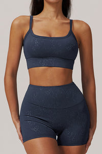 Women Gold Foil Fabric Sports Bras + Yoga Sports Shorts