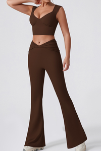 Women's V-Neck Tank Top & Twist Waist Flared Pants Yoga Set