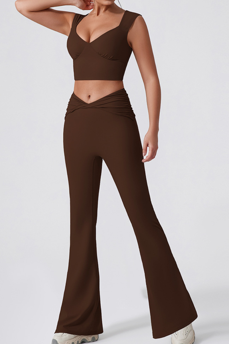 Women's V-Neck Tank Top & Twist Waist Flared Pants Yoga Set