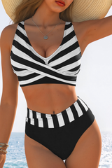 Women's Color Block Striped V-neck Wide Strap Beach Bikini