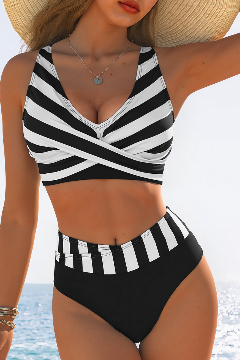 Women's Color Block Striped V-neck Wide Strap Beach Bikini